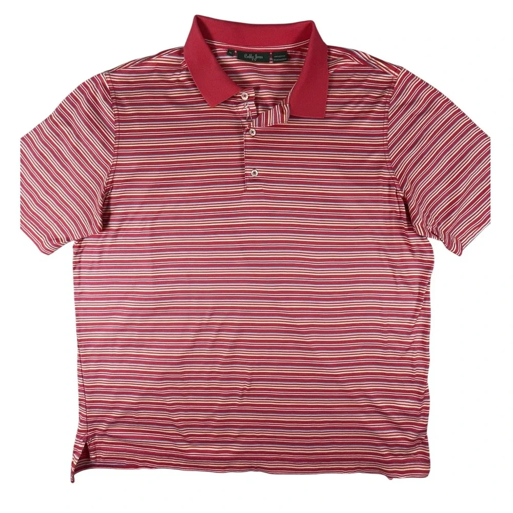Bobby Jones Polo Shirt Mens XL Red Striped Short Sleeve Golf Cotton Classic Logo